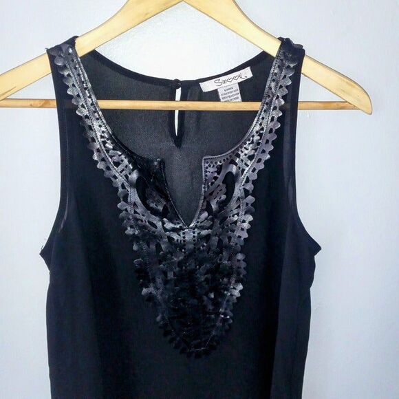 Swoon Small Sheer Black Tank-Faux Leather Trim-Keyhole Back-Flowy-Grunge-Goth - Picture 2 of 6